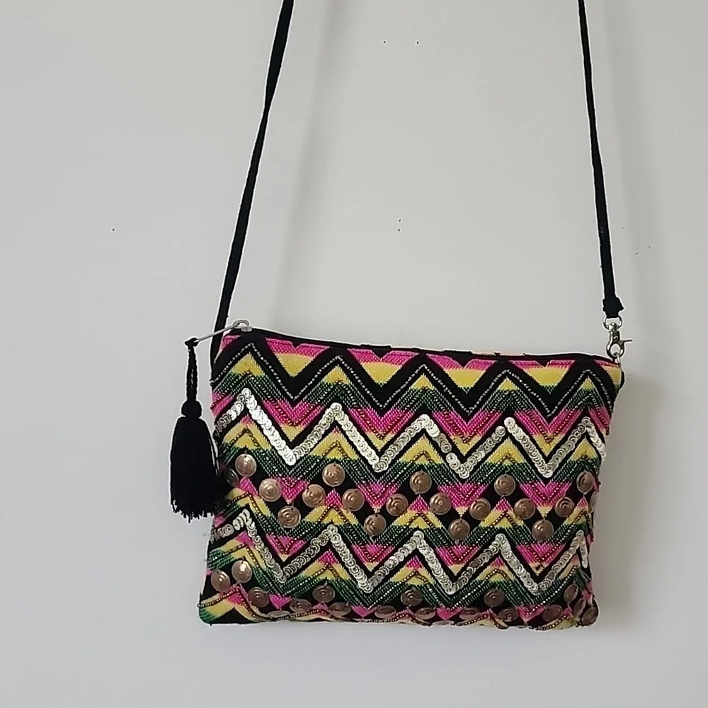 Bohemian Colorful Zigzag Embroidered Crossbody Clutch with Tassel